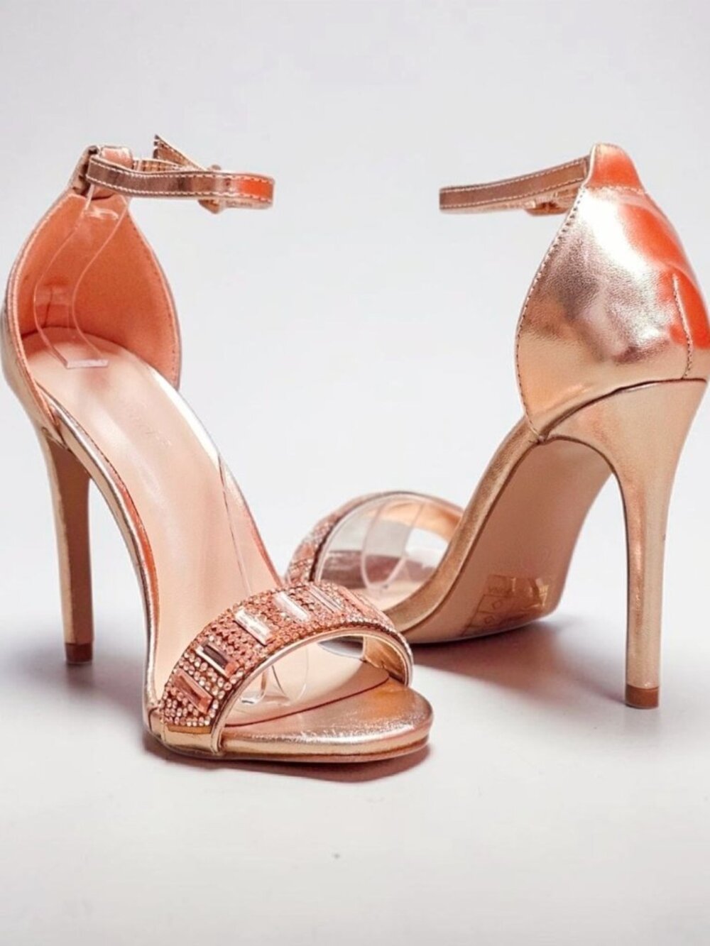 Rose Gold Ankle Strap Stiletto Heels With Rhinestone Embellished Open Toe Design